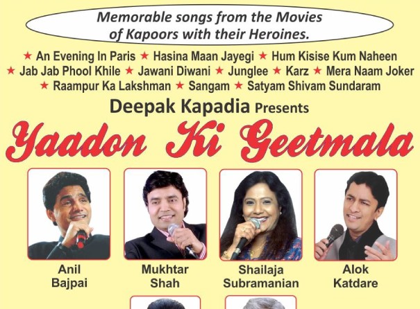 A melodious live concert   Yaadon ki Geetmala Time 7.00 PM Onwards Date: 7th Dec 2023, Thursday Venue: Nehru Auditorium, Worli